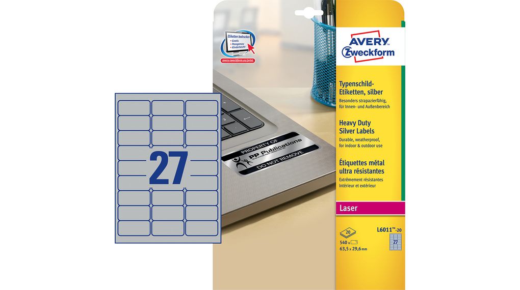 Label, Polyester, 63.5 x 29.6mm, 20x 27pcs, Silver
